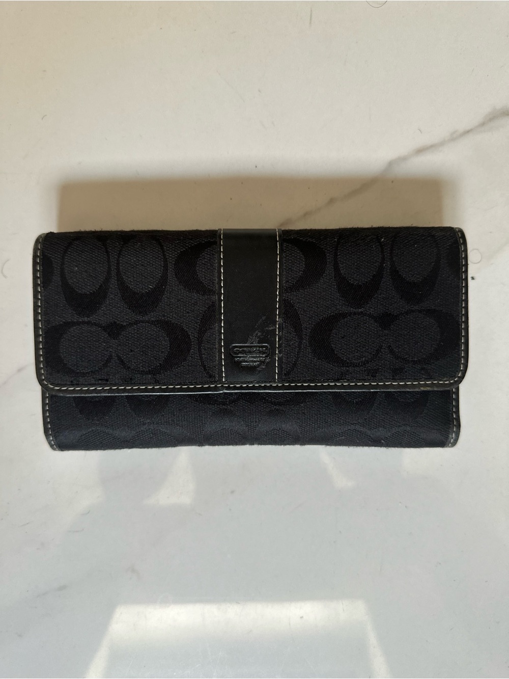 Coach Black Signature Continental Wallet with Contrast Stitching
